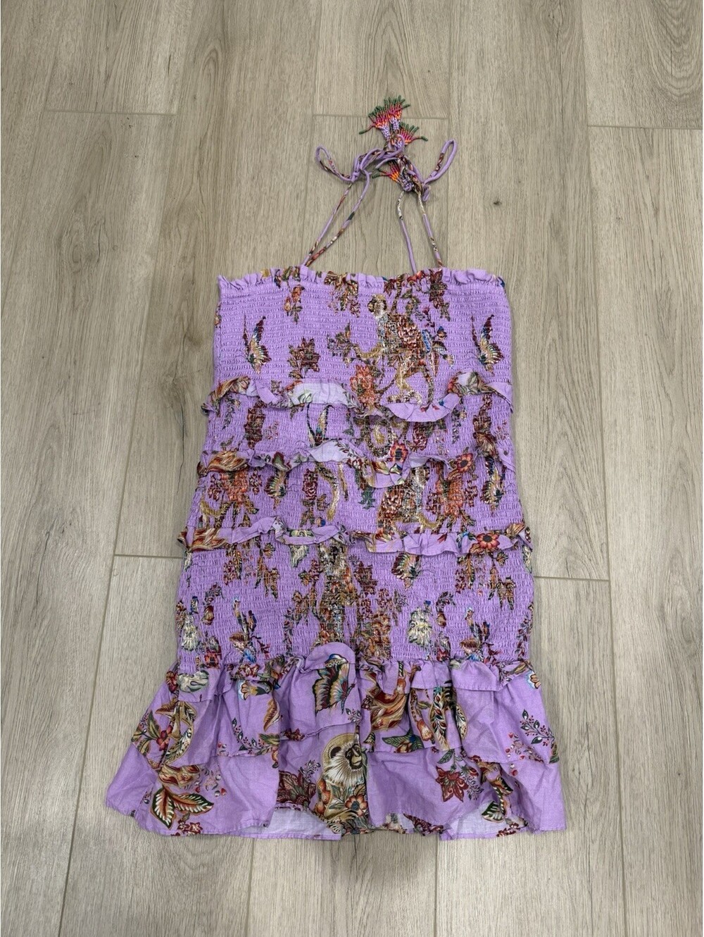 Farm Rio Floral Monkey Mini Dress Women's Medium Beaded Tassels Lilac Smocked